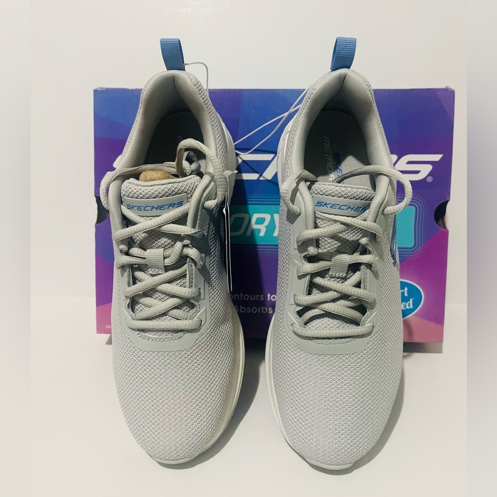 Skechers Women's Light Gray and Blue Mesh Slip-On Sneakers - Picture 2 of 6